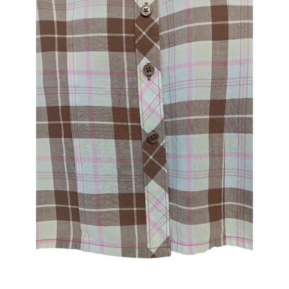 SO Women's Plaid Short Sleeve-Button down Shirt- MEDIUM -Brown-White-Pink - Picture 6 of 16